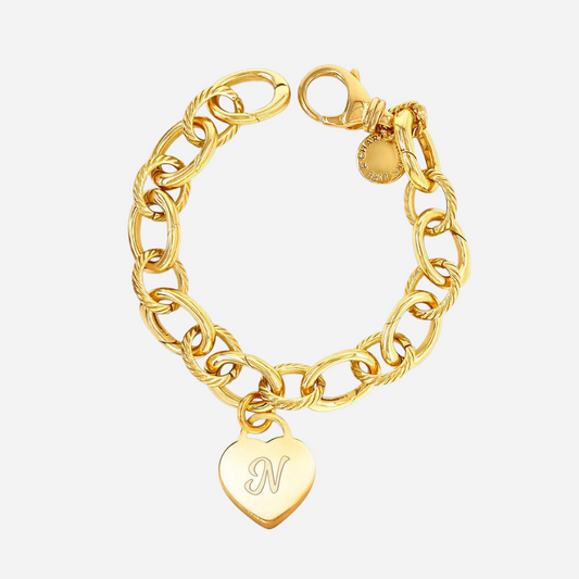 Large Link 14K Gold Plated Adjustable Bracelet with Hanging Initial Heart - charmulet-2020