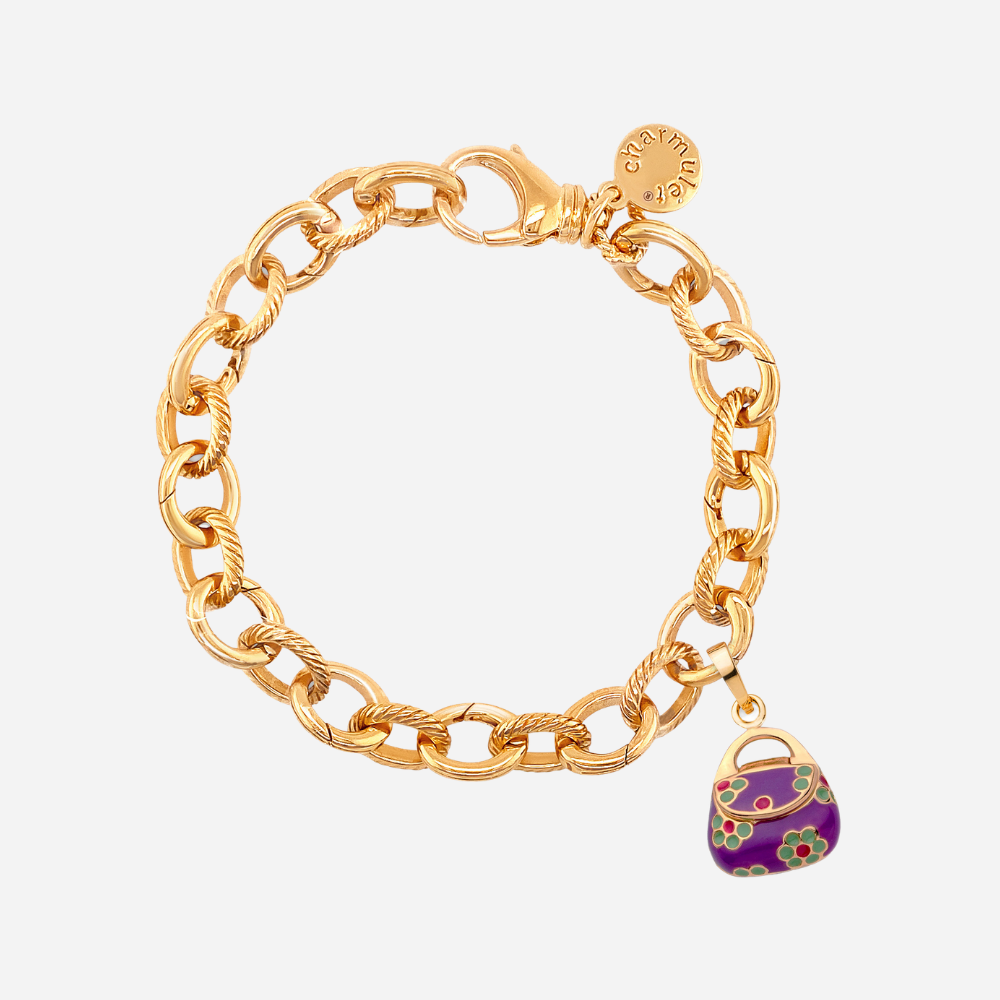 14k Gold Plated Adjustable Charm Bracelet with Purple Purse - charmulet-2020