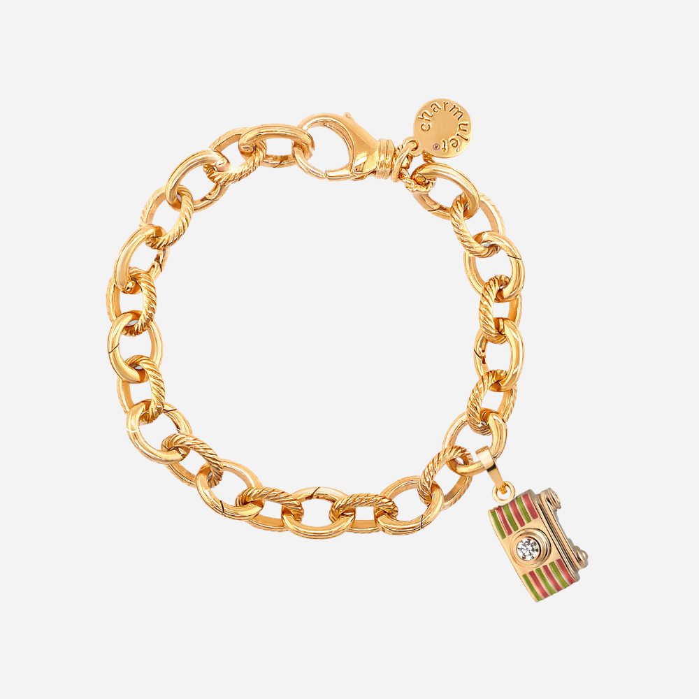 14k Gold Plated Adjustable Charm Bracelet with Green camera - charmulet-2020