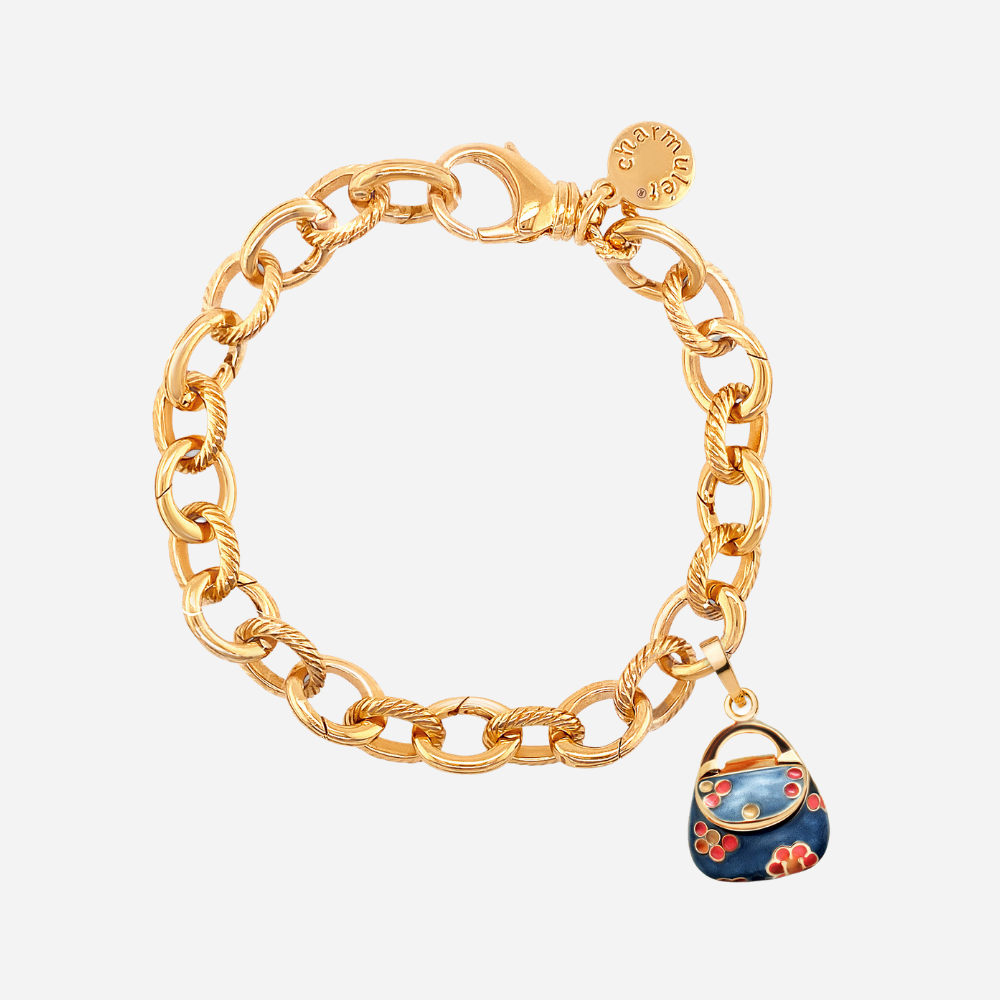 14k Gold Plated Adjustable Charm Bracelet with Blue Purse - charmulet-2020